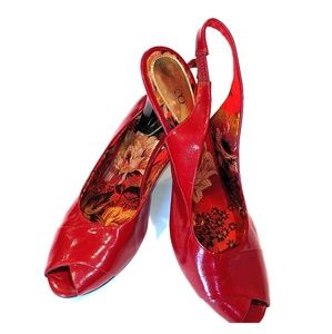 Red sling back peep toe heels